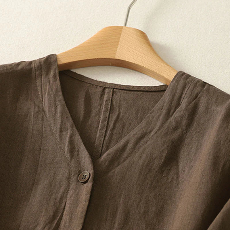 Buddha Stones Summer Solid Color V-Neck Buttons Simple Design Women's Short Sleeve Shirt