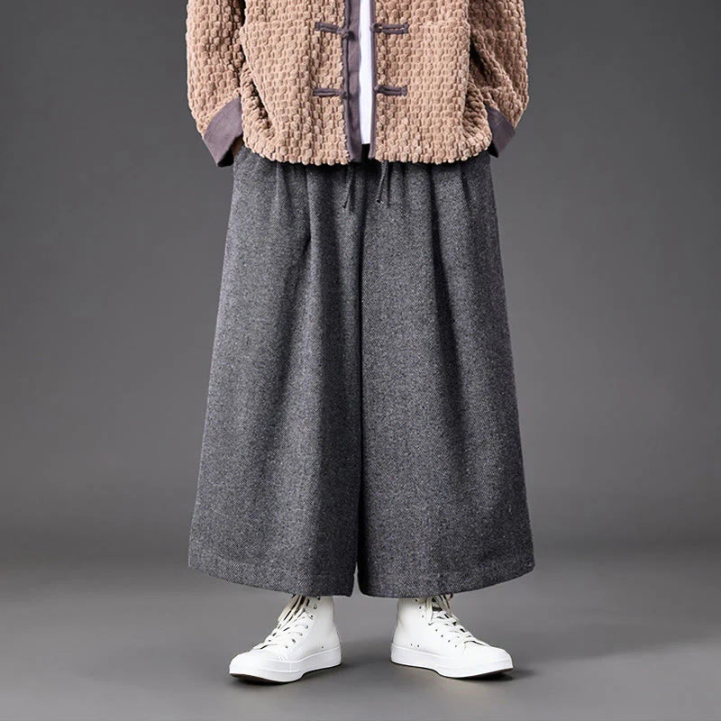 Buddha Stones Winter Chinese Frog-Button Design Corduroy Thermal Men's Wide Leg Pants With Pockets