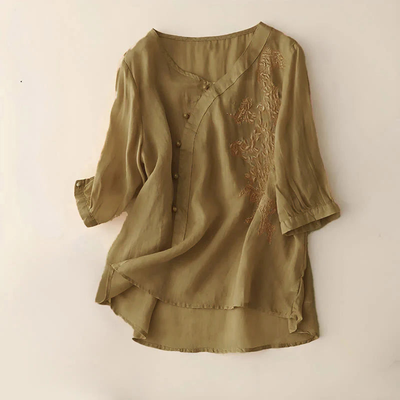 Buddha Stones Casual Loose Flower Embroidery Frog Button Short Sleeve Women's Shirt