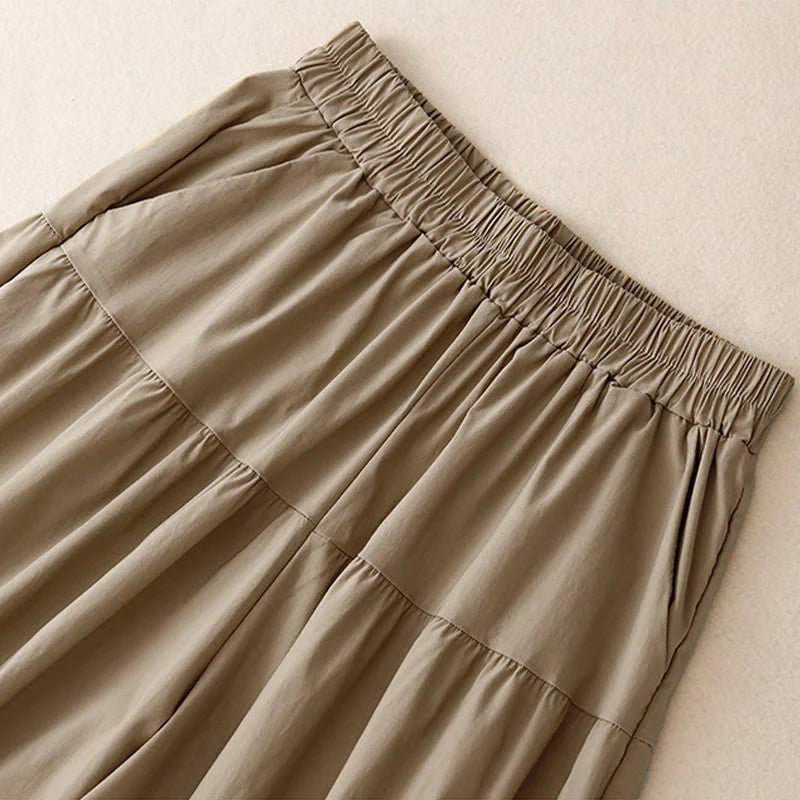 Buddha Stones Casual Loose Plain Women's Cotton Elastic 7-8 Length Wide Leg Pants With Pockets