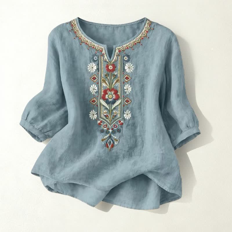 Buddha Stones Spring Boho Embroidered Cotton Linen Elbow-Length Sleeve Women's T-Shirts