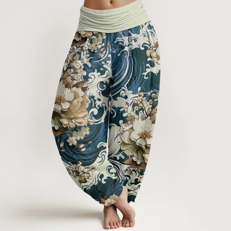 Buddha Stones Cotton Casual Wave And Floral Pattern Women's Elastic Waist Harem Pants