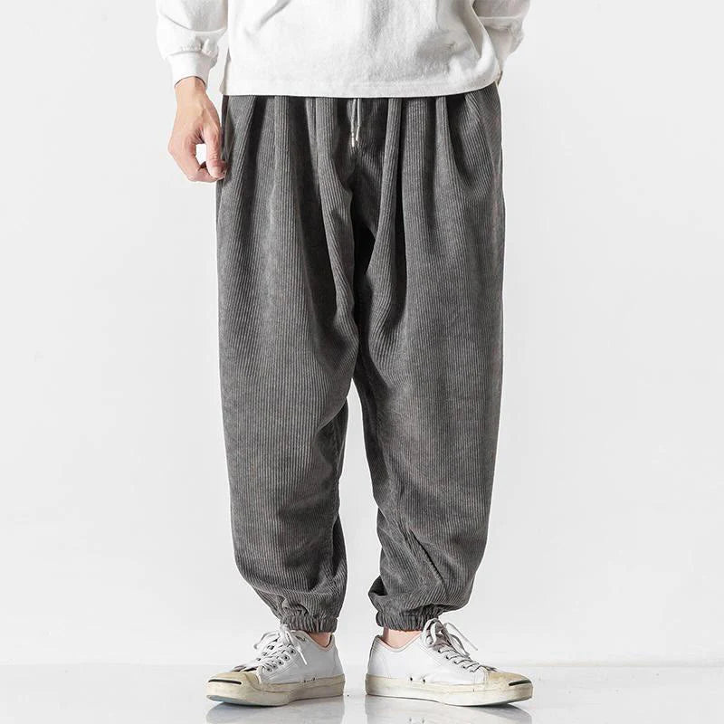 Buddha Stones Casual Pure Color Men's Drawstring Corduroy Harem Ankle-Length Pants With Pockets