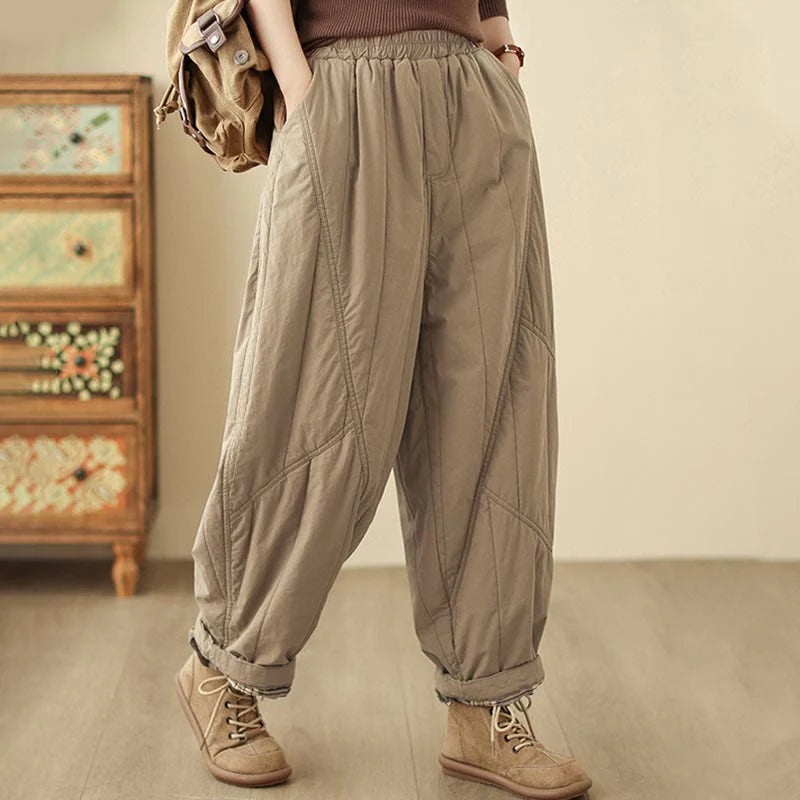 Buddha Stones Winter Plain High Waist Cotton Women's Harem Thermal Elastic Waist Pants With Pockets