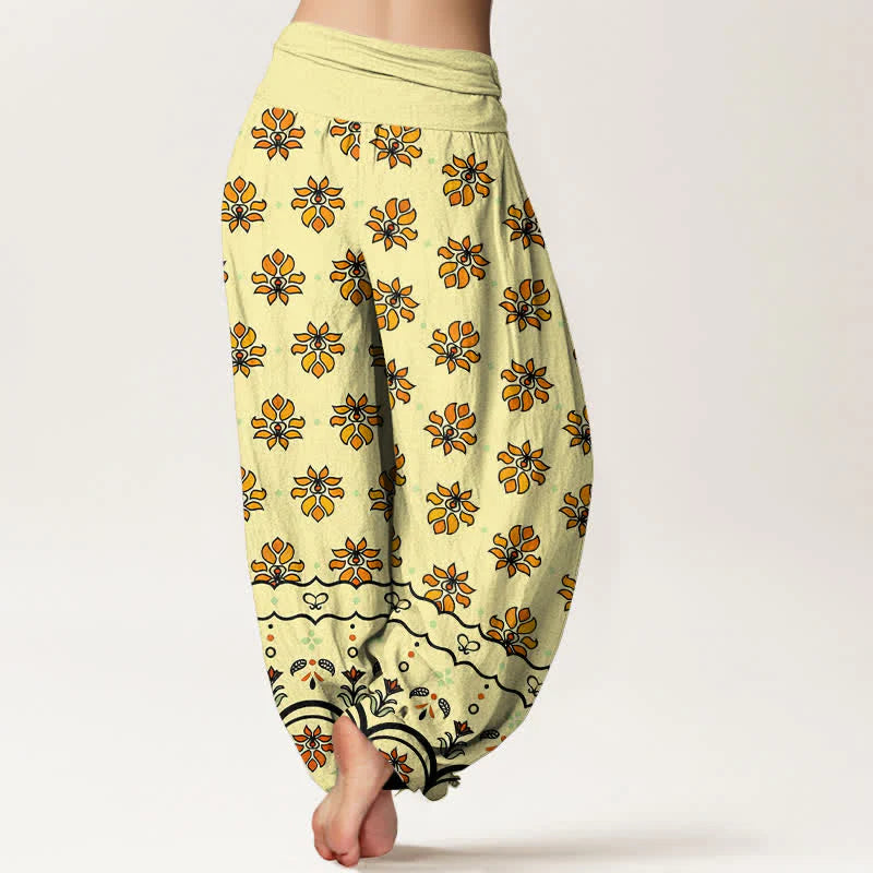 Buddha Stones Floral Pattern Pure Cotton Women's Harem Elastic High Waist Pants