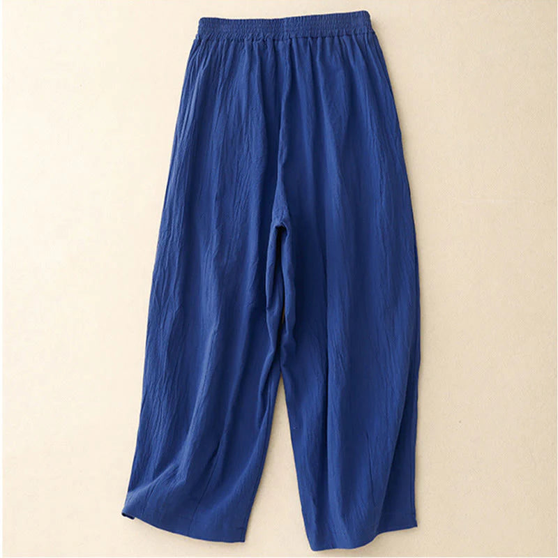 Buddha Stones Commute Solid Color Women's Harem Elastic Waist Cotton 7-8 Length Pants With Pockets
