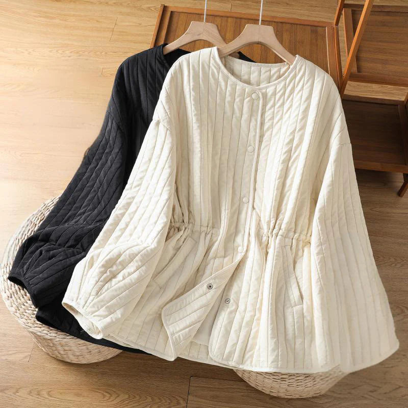 Buddha Stones Women's Plain Crew Neck Drawstring Design Long Sleeve Cotton Jacket With Pocket