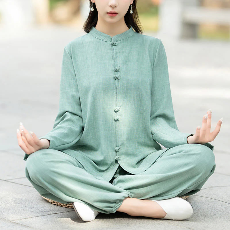 Buddha Stones 2Pcs Chinese Frog-Button Long Sleeve Shirt Top Pants Meditation Zen Tai Chi Cotton Clothing Women's Set