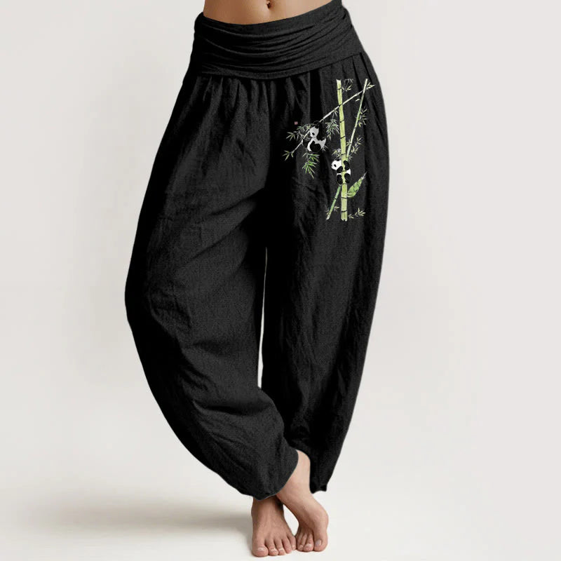Buddha Stones Pure Cotton Simple Style Panda Bamboo Pattern Women's Elastic Waist Harem Pants