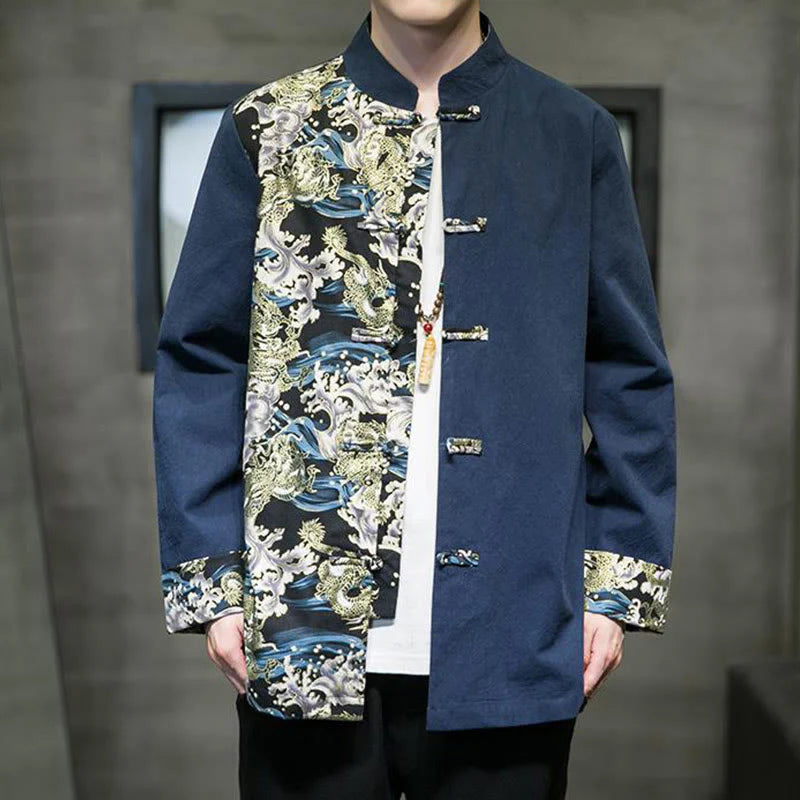 Buddha Stones Printed Color Contrast Dragon Pattern Frog-button Long Sleeve Men's Cotton Jacket
