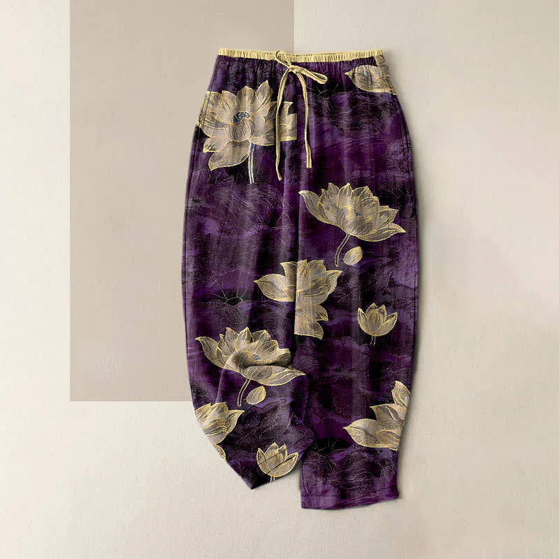 Buddha Stones Lotus Pattern Pure Cotton Elastic Waist Women's Pants With Pockets