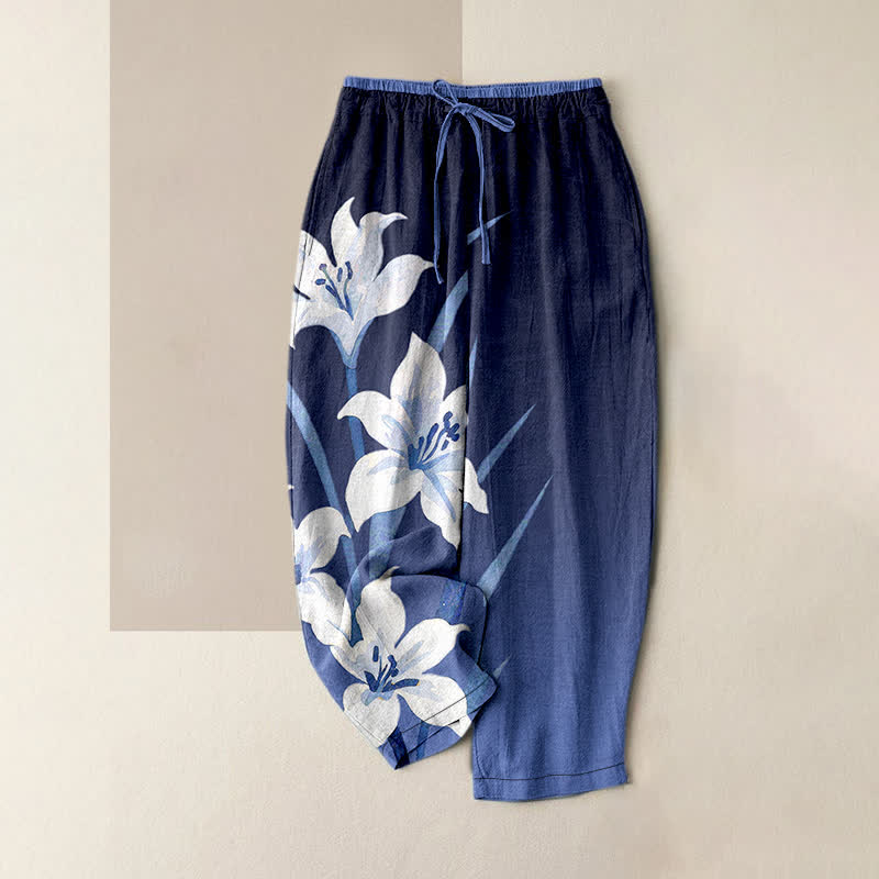 Buddha Stones Pure Cotton Lily Print Elastic Waist Drawstring Women's Pants With Pockets