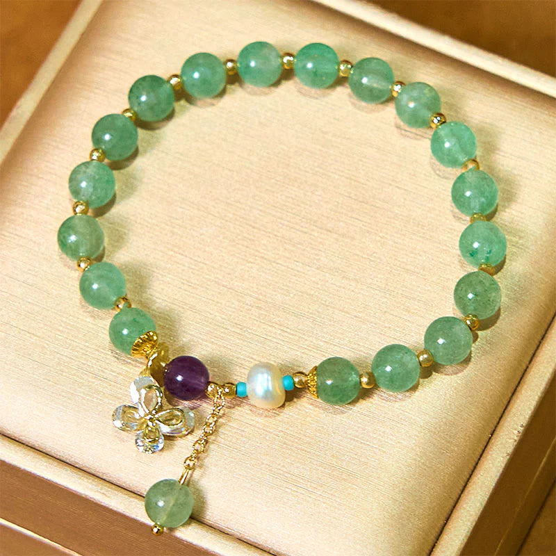 Buddha Stones Natural Strawberry Quartz Green Strawberry Quartz Butterfly Charm Love Bracelet