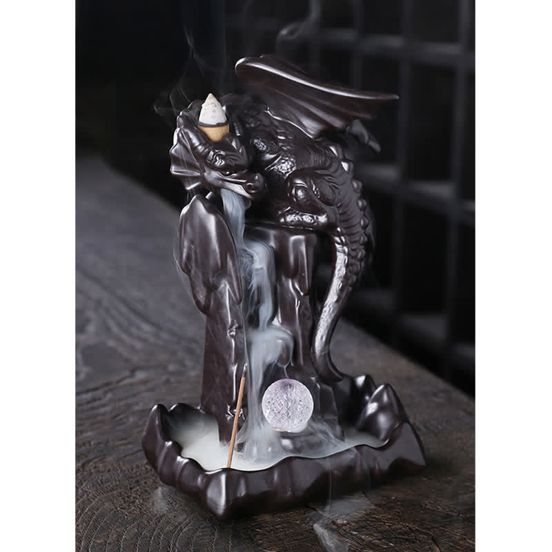 Buddha Stones Nordic Dragon Ceramic Backflow Smoke Fountain Meditation Healing Incense Burner Led Ball Decoration