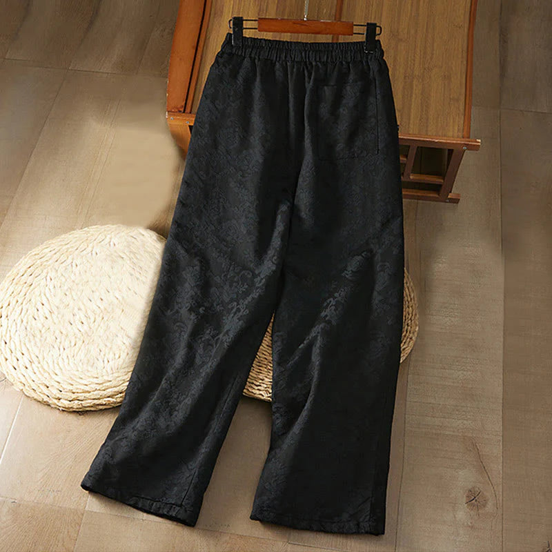 Buddha Stones Winter Thermal Jacquard Floral Pattern Women's Wide Leg Cotton Pants With Pockets
