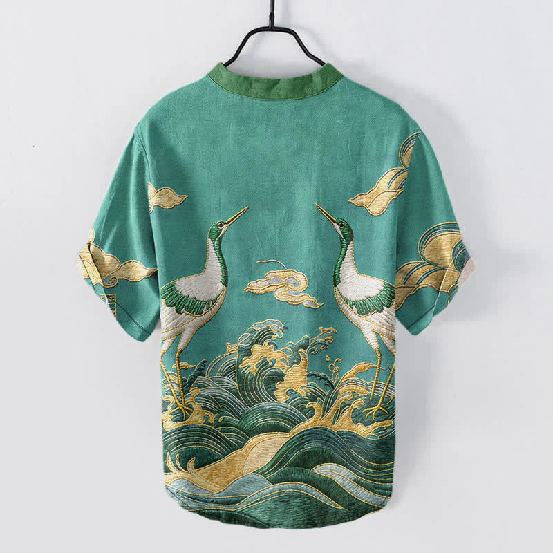 Buddha Stones Cotton Crane Wave Emblem Men's Short Sleeve Half Button Shirt