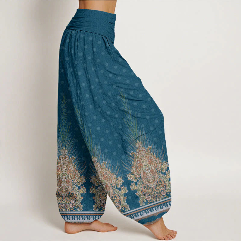 Buddha Stones Cotton Ethnic Peacock Floral Pattern Women's Elastic Waist Harem Pants