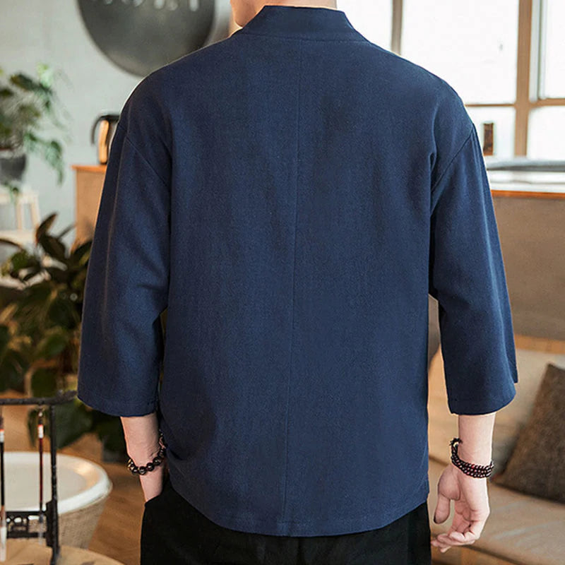 Buddha Stones Plain Chinese Frog-Button Jacket Cotton Linen Men's Three Quarter Sleeve Kimono
