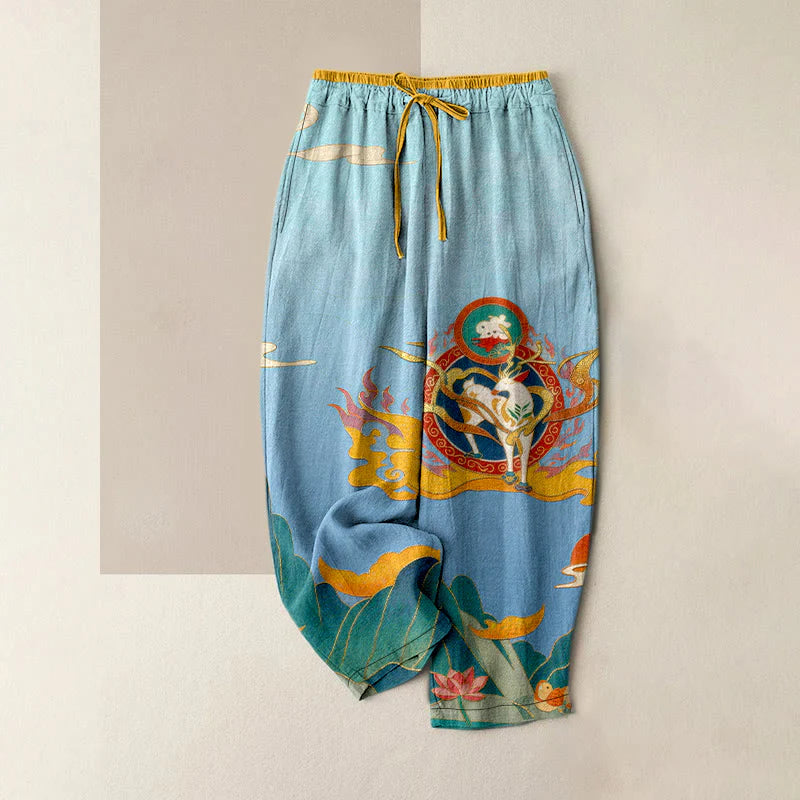 Buddha Stones Pure Cotton Deer Mountain Lotus Pattern Women's Elastic Waist Pants With Pockets
