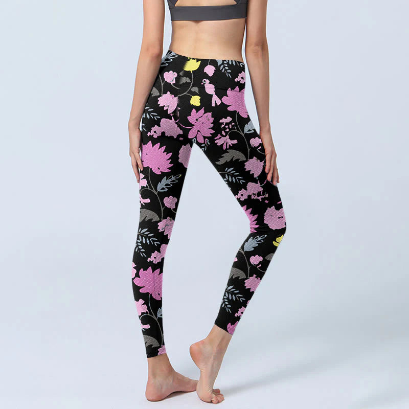 Buddha Stones Watercolor Style Softly Colored Flower Leaf Pattern Print Gym Leggings Women's Yoga Pants