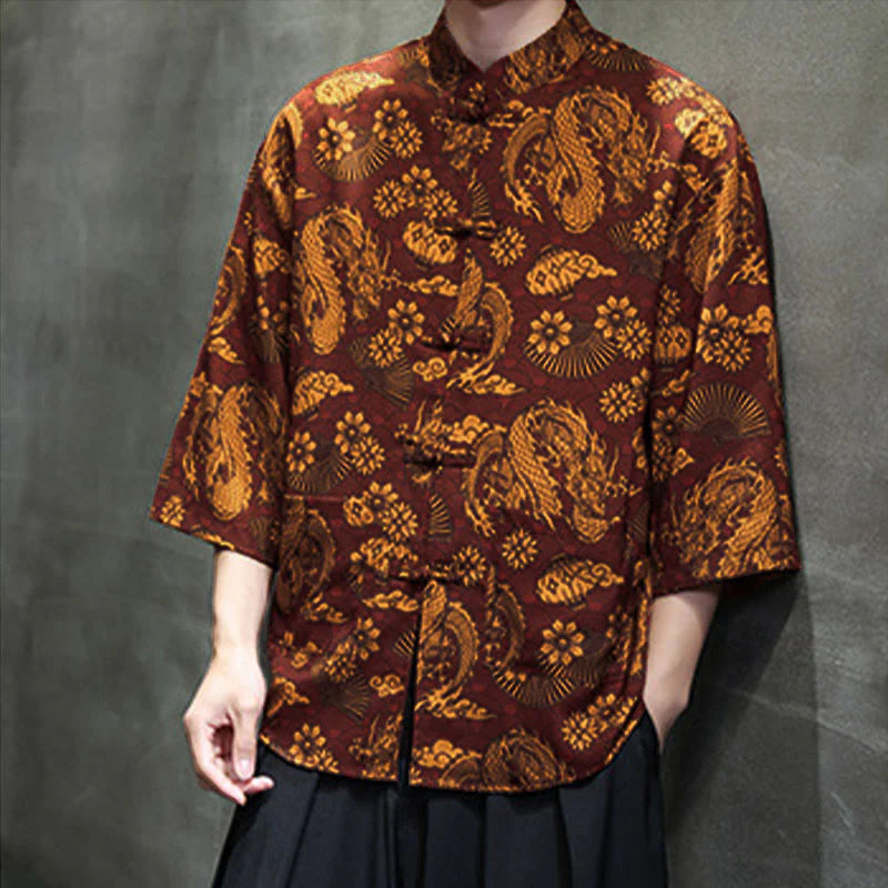 Buddha Stones Spring Frog-Button Dragon Mountain Flower Three Quarter Sleeve Tang Suit Men's Shirt With Pockets