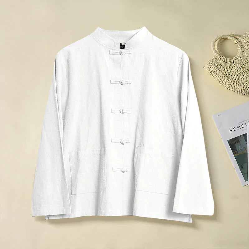 Buddha Stones Ethnic Frog-Button Long Sleeve Stand Collar Women's Cotton Shirt With Pockets