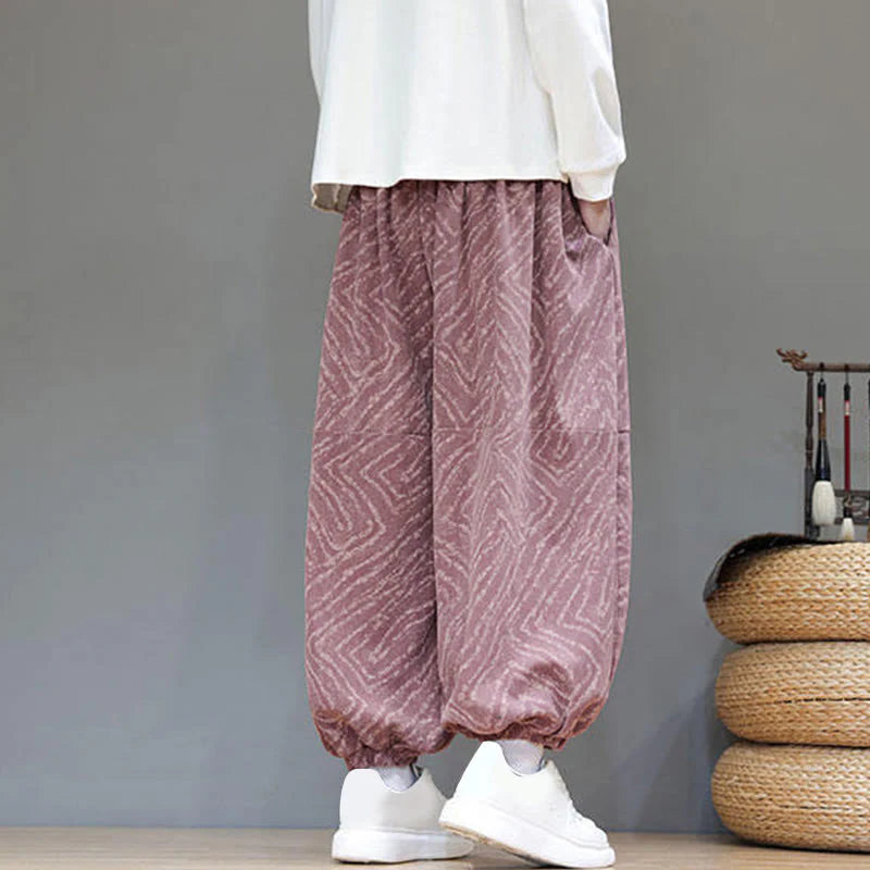 Buddha Stones Fall Texture Drawstring Design Corduroy Cotton Linen Men's Harem Pants With Pockets