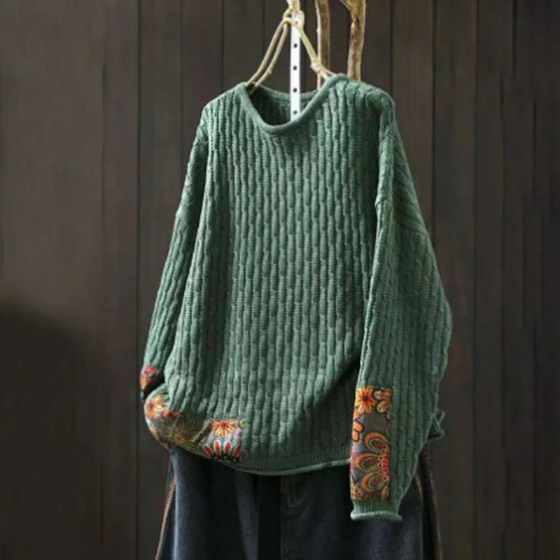 Buddha Stones Winter Patchwork Design Long Sleeve Crew Neck Women's Cotton Sweater