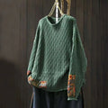 Buddha Stones Winter Patchwork Design Long Sleeve Crew Neck Women's Cotton Sweater