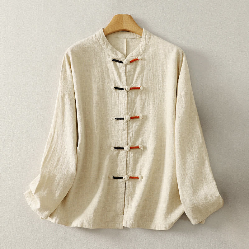 Buddha Stones Plain Chinese Frog-Button Long Sleeve Women's Cotton Linen Zen Clothing Shirt