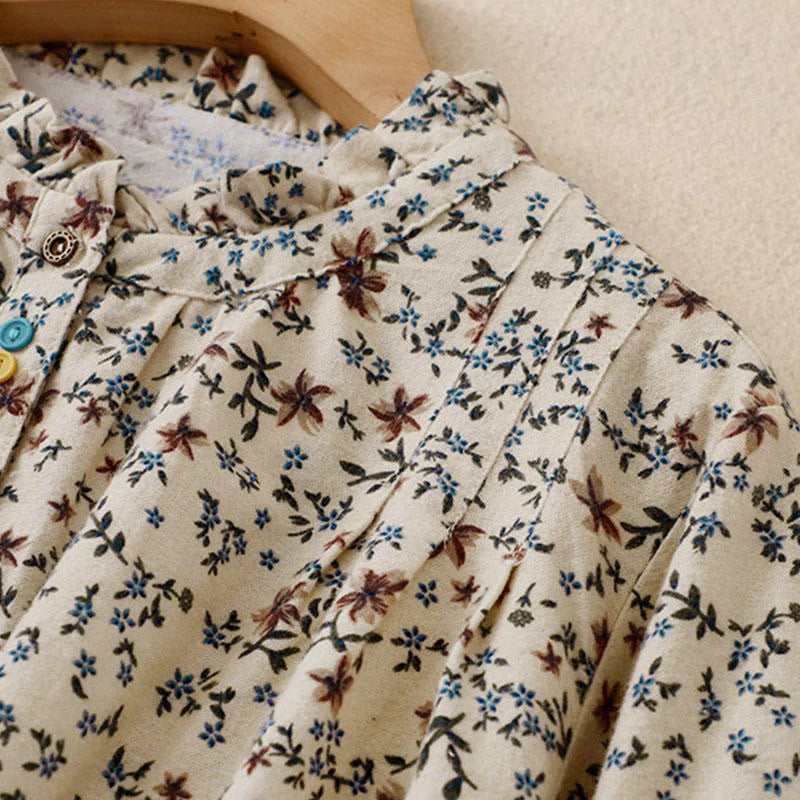 Buddha Stones Fall Floral Print Buttons Down Design Women's Cotton Long Sleeve Shirt
