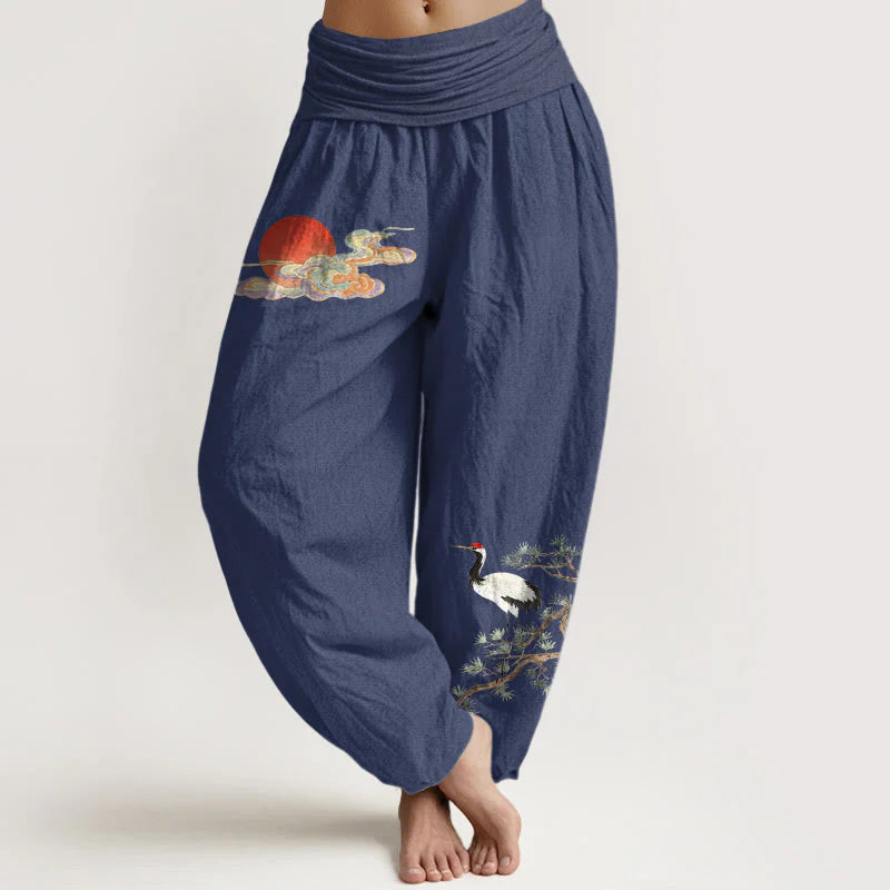 Buddha Stones Pure Cotton Concise Sun Cloud Crane Pine Tree Pattern Women's Elastic Waist Harem Pants