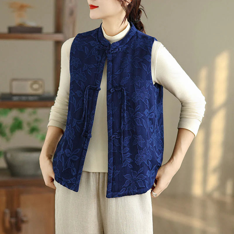 Buddha Stones Jacquard Pattern Frog-button Women's Sleeveless Cotton Vest Waistcoat With Pockets