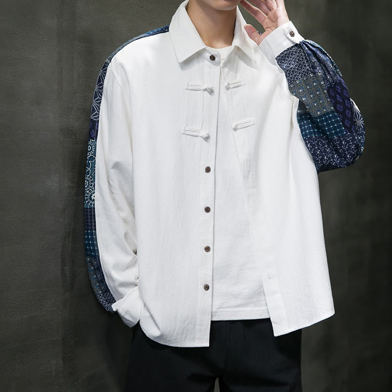 Buddha Stones Men's Flower Pattern Stitching Cotton Blend Long Sleeve Shirt