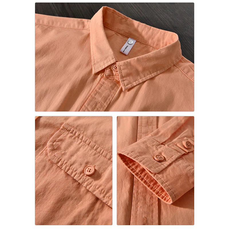 Buddha Stones Men's Long Sleeve Turn-down Collar With Pocket Pure Color Casual Cotton Shirt