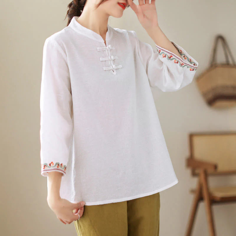 Buddha Stones Jacquard Frog-button Stand Collar Embroidered Three Quarter Sleeve Design Women's Cotton Shirt
