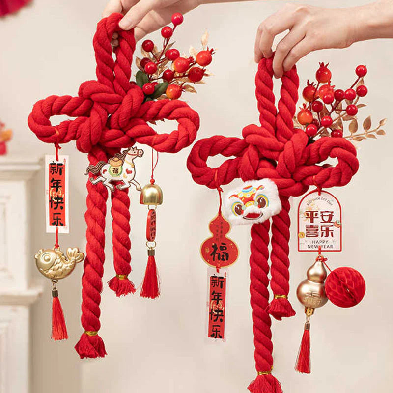 Buddha Stones Year of the Horse Dancing Lion Fu Character Chinese Knotting Fortune Decoration