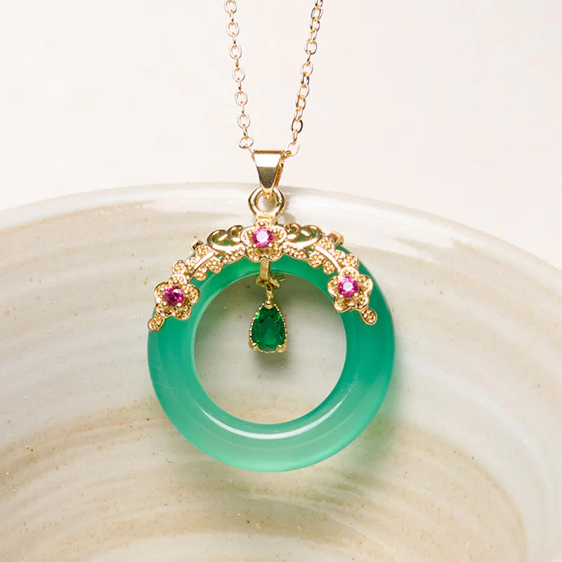 Buddha Stones Green Chalcedony Peace Buckle Design Strength Necklace Pendant
