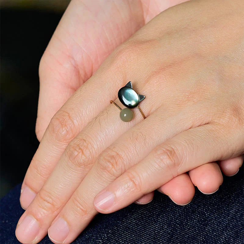 Buddha Stones Sending Protection and Charm Tridacna Stone Cat Ring Includes Gift Message Card