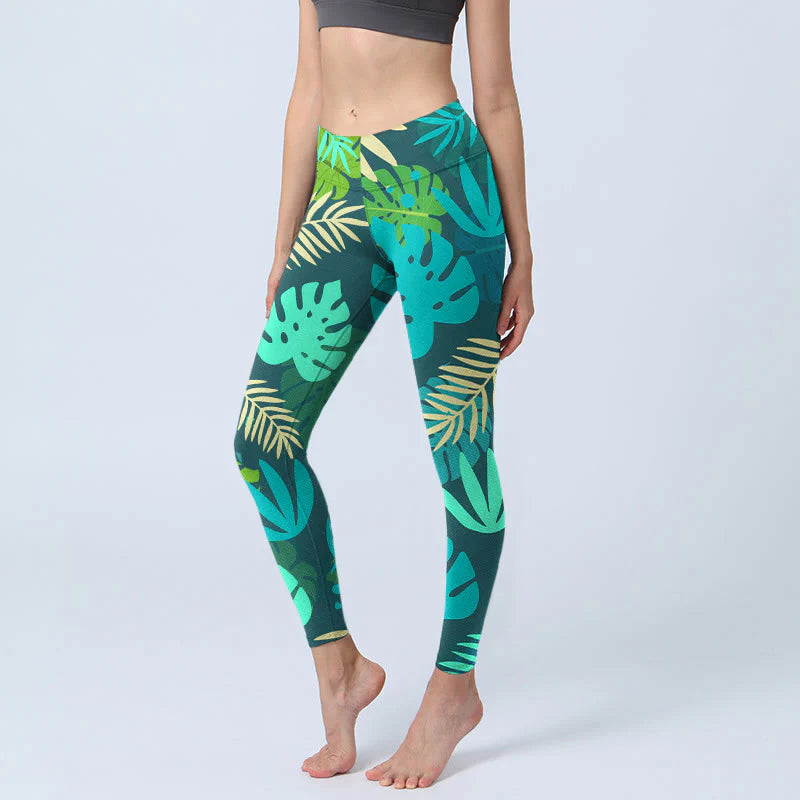 Buddha Stones Various Shapes Of Leaves Pattern Print Gym Leggings Women's Yoga Pants