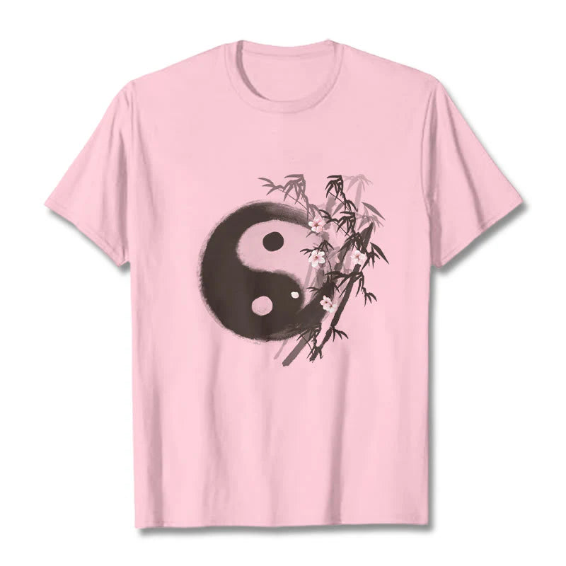Buddha Stones Yin Yang Bamboo Cherry Blossom Pattern Tee T-shirt
