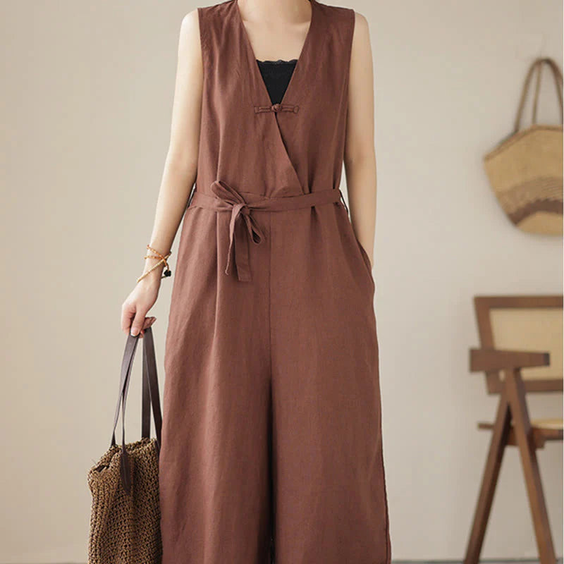 Buddha Stones Casual Lace-Up Simple Sleeveless Design Women's Cotton Linen Jumpsuit With Pockets