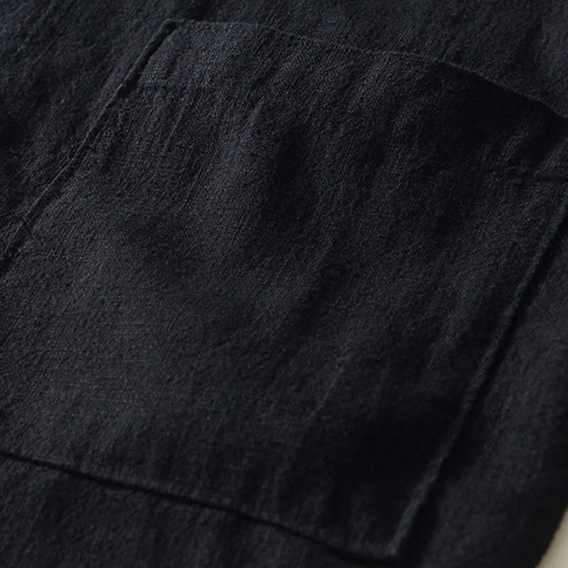 Buddha Stones Solid Color Men's Buttons Long Sleeve Cotton Linen Shirt With Pockets