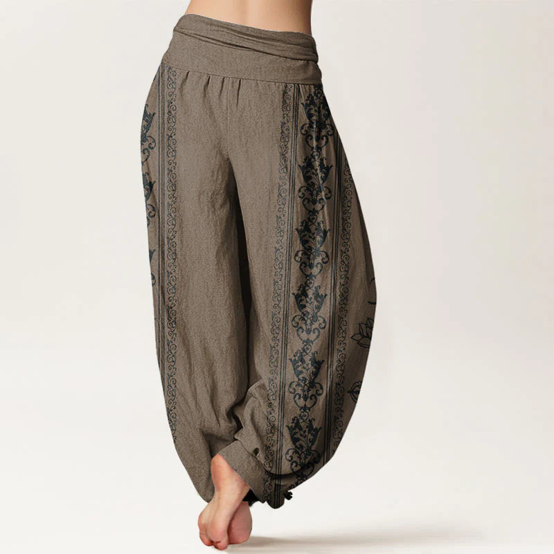 Buddha Stones Cotton Lotus Flowers Double Dorje Vajra Namaste Om Design Women's Elastic Waist Harem Pants