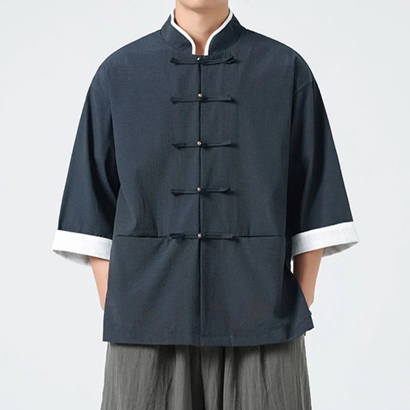 Buddha Stones Spring Solid Color Three Quarter Sleeve Tang Suit Men's Buttons Shirt With Pockets