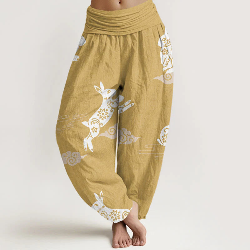 Buddha Stones Cotton White Rabbit Auspicious Cloud Pattern Women's Elastic Waist Harem Pants