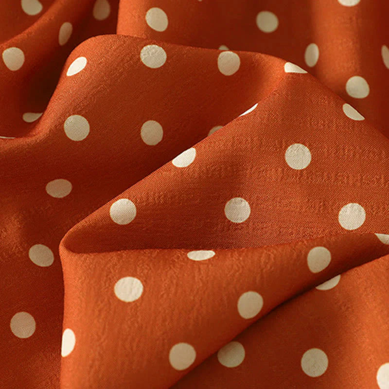 Buddha Stones Fall Polka Dot Design Crew Neck Long Sleeve Cotton Women's Midi Dress