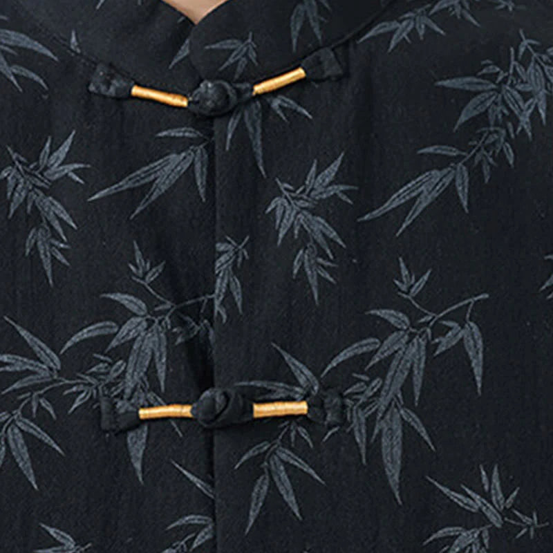 Buddha Stones Summer Bamboo Leaves Pattern Chinese Frog-Button Cotton Linen Short Sleeve Men's Shirt