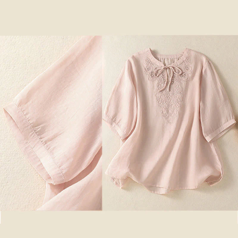 Buddha Stones Summer Embroidery Flower Lace-up Design Notched Collar Women's Short Sleeve Shirt