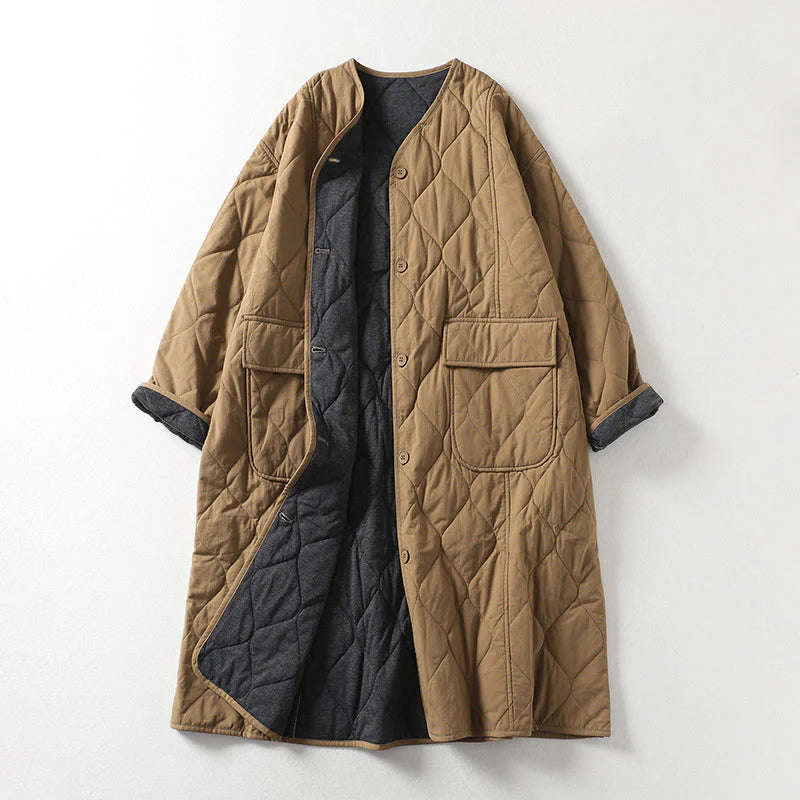 Buddha Stones Plain Buttons V-Neck Long Sleeve Women's Cotton Coat With Pockets